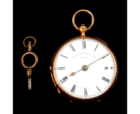 An 18 carat yellow gold open face fob watch, the white enamel dial with Roman numeral chapter ring and signed Thomas Mowbray 