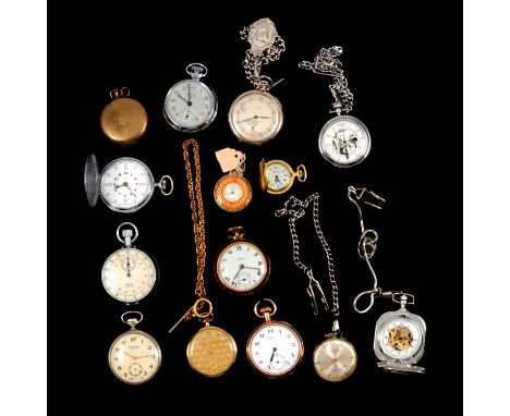 Fifteen pocket watches and fob watches, a stopwatch, and a pocket watch case, Record - a gold-plated open face pocket watch, 