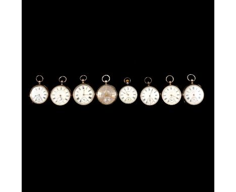 Seven hallmarked silver open face pocket watches and one marked 935, one with silver dial having raised gilt Roman numerals, 