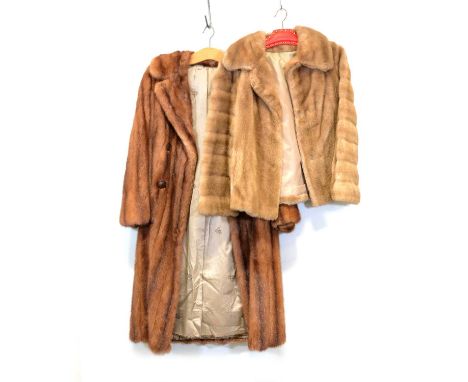 A full length tan mink coat, a brown mink stole and a light fur jacket.Qty: 3