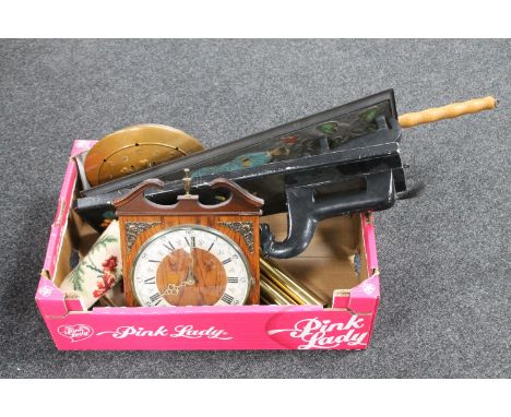 A box containing oak wall clock with pendulum and weights, copper bed warming pan, tapestry hanging, two vintage wooden mangl