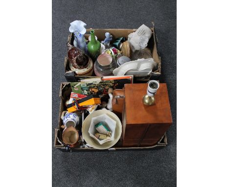 Two boxes of assorted china, leather table lamp, leather cased travel set, glass decanter, Art Deco glass shade etc 