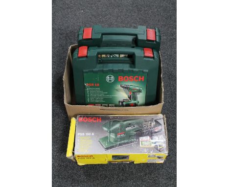 A box containing Bosch sander, cased Bosch 18v drill together with a cased Bosch 14v drill 