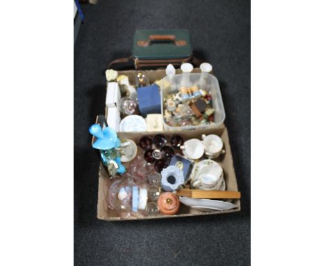Two boxes containing a Venetian glass figure (a/f), china tea service, glass ware, Lurpak butter dish, together with an Antle