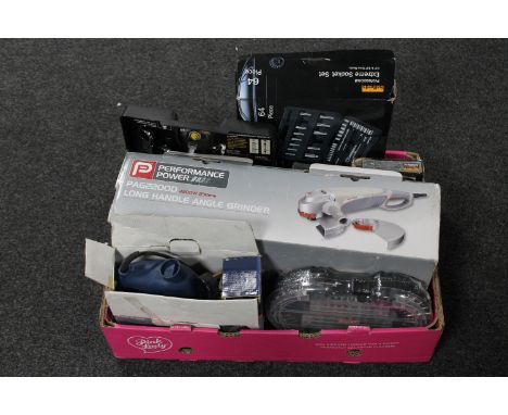 A box containing Performance angle grinder, Powercraft jigsaw, PowerFix tool kit together with spanner sets, socket set 