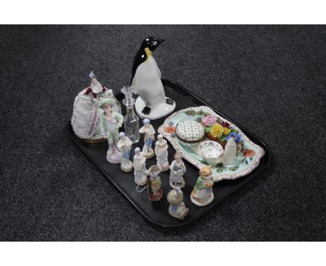 A tray of assorted continental figures, a Beswick Beatrix Potter figure "Ginger", Poole penguin, etc 