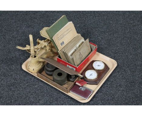 A tray of wooden cigar box, vintage scales with weights, cigarette card albums, etc 