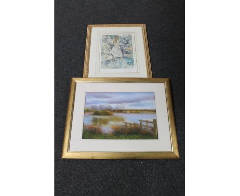 A gilt framed Gordon King signed limited edition print, Peace, number 212 of 350, together with a further pastel drawing, lak