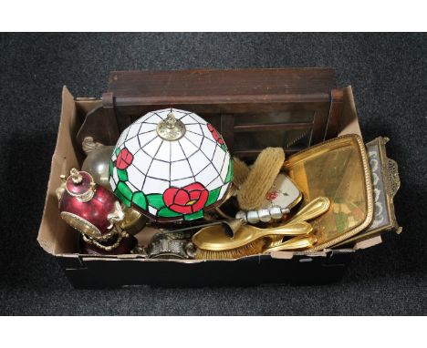 A box of wall clock, ornate mantel clock, Tiffany style table lamp, metal ware, dressing table brush set etc 