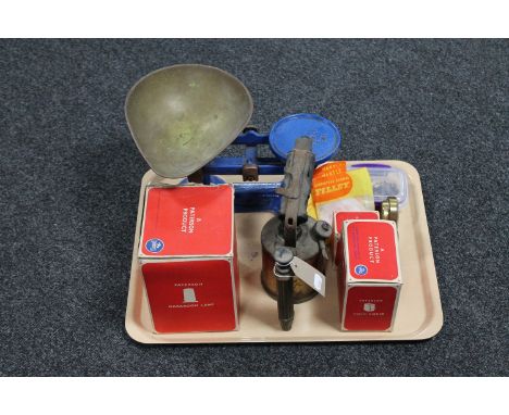 A vintage brass blow lamp together with a boxed Patterson dark room lamp, focus finder and magnifier, set of vintage scales a