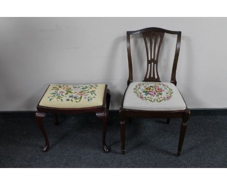 A mahogany dining chair with tapestry upholstered seat together with a mahogany dressing table stool on cabriole legs 