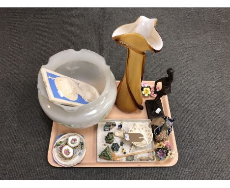 A tray of glass light shade, paperweight, eastern miniature figures etc.