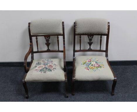 A near pair of Victorian mahogany bedroom chairs in floral tapestry fabric 