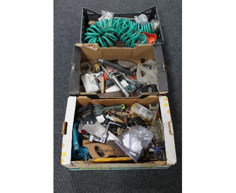 Two boxes and a crate containing vintage hand tools and accessories 