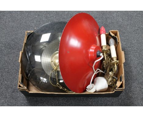 A box of a pair of brass wall lights, three hanging light fittings and a floor spot lamp 