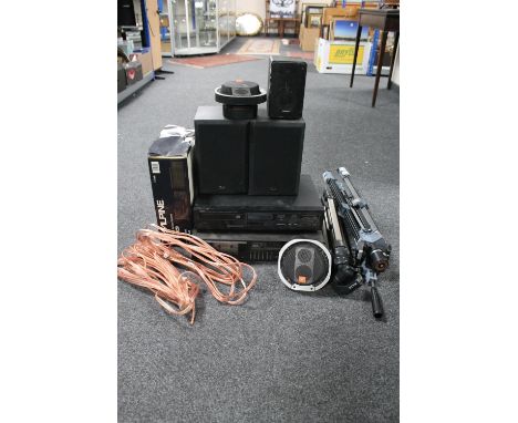 A Yamaha Natural Sound CD player together with a Technics M85 cassette deck, pair of Gale speakers, two camera tripods, a fur