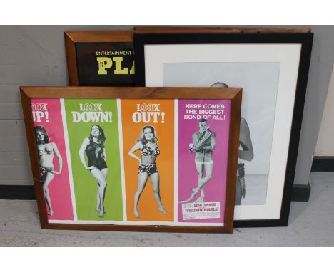 Two framed Playboy posters together with a further framed James Bond Thunderball poster and a framed black and white Ursula A