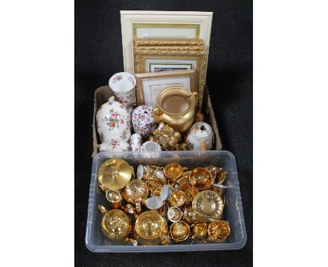 Two boxes containing a Bavarian gilt tea service, framed prints, hunting jug, contemporary gilt mantel clock, floral china va