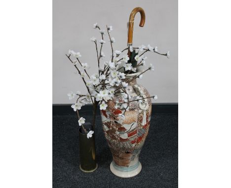 A 20th century Japanese twin handled vase depicting Geisha, height 62 cm, a Harrods umbrella and a brass ammunition shell  