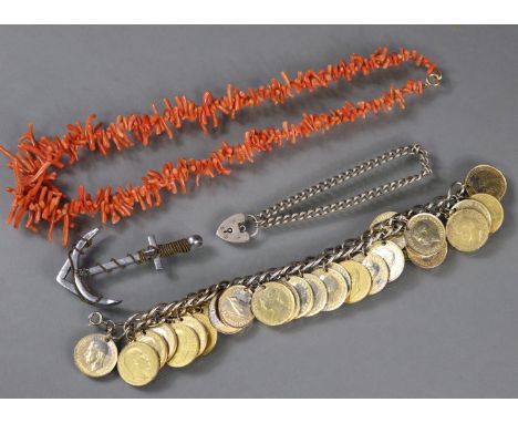 A coral-chip necklace; a chain-link bracelet with thirty-two pendant gilt farthings; a small white metal curb-link bracelet w