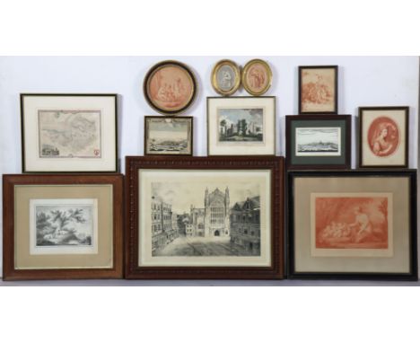 A 20th century monochrome lithograph “The Abbey Church, Bath, 1750”, in glazed oak frame, 53.5cm x 69cm overall; together wit
