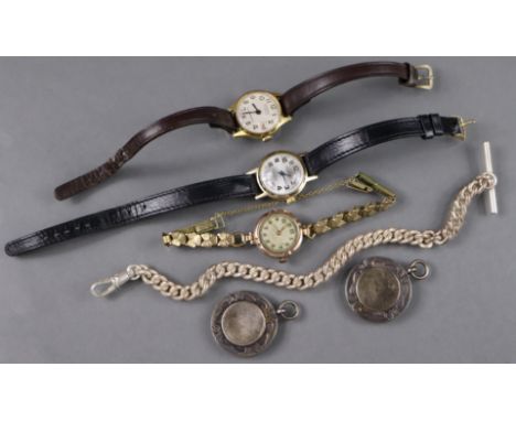 Three various ladies’ wristwatches; a silver albert; &amp; two chain-fobs.