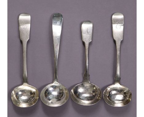 A pair of George IV fiddle pattern sauce ladles, Dublin 1824 by T. Farnett, 5.1 oz; another, London 1815 by T. Wallis &amp; J
