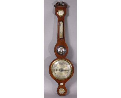 A 19th century simulated rosewood banjo barometer, the 19cm engraved steel dial with brass bezel, convex mirror, thermometer 