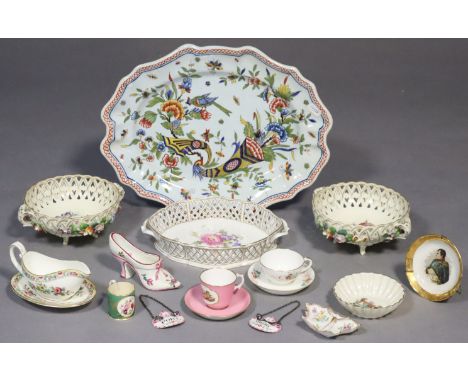 A Rouen faience shaped rectangular dish, 28.5 x 38 cm.; a pair of Dresden pierced two-handled circular dishes, 18cm wide; a s