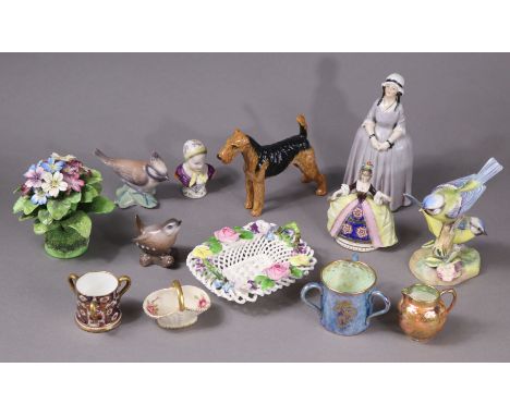 A Wedgwood dragon lustre small tyg, 5cm; a ditto small jug; a Royal Worcester small basket dish; a Crown Staffordshire floral