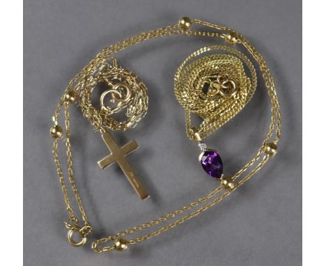An amethyst &amp; diamond pendant with 9ct gold mounts, on yellow metal chain necklace marked “14kt” (the chain 2.8g); a 9ct 
