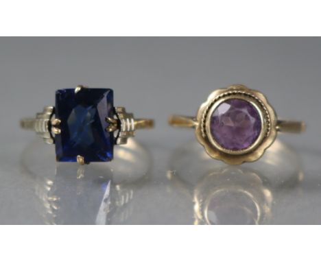 A 9ct gold dress ring set large rectangular blue paste stone, size N; &amp; a 9ct gold ring set round-cut amethyst, size N.
