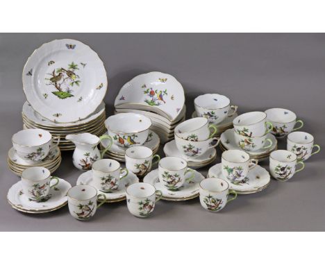 A Herend porcelain Rothschild Bird pattern extensive part tea, coffee &amp; dessert service (motif 10), comprising: seven tea