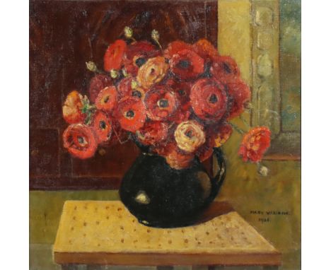 EMMA “EMILY” MARY WILKINSON (1864-1943) Still life of ranunculi in a blue china jug, signed &amp; dated 1935, Oil on canvas-b