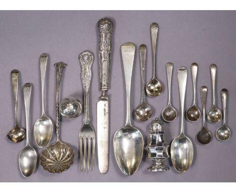 A George IV silver Old English dessert spoon; a ditto King’s pattern christening knife &amp; fork; a sifter ladle; three odd 