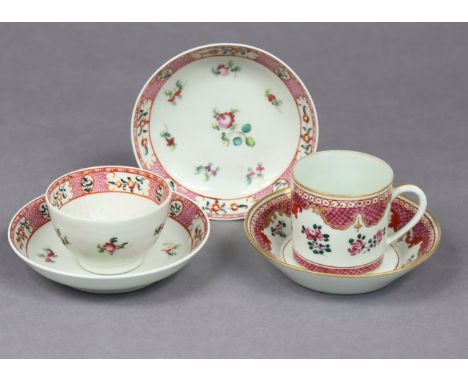 A late 18th century Chinese export porcelain teacup &amp; saucer painted with floral sprays in pink-scale borders with gilt r