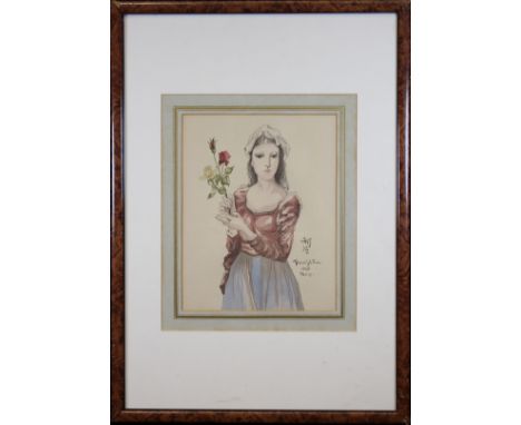 Attr. Leonard Tsuguharu Foujita (1886 - 1968) Signed Watercolor/ink portrait of a young woman holding flowers. Signed lower r