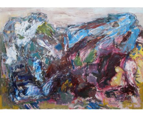Thomas Koether (NY, FL, Europe, B. 1940) 1986 "Red Rocks Quarry" Exhibited Oil on Paper painting. With original exhibition la