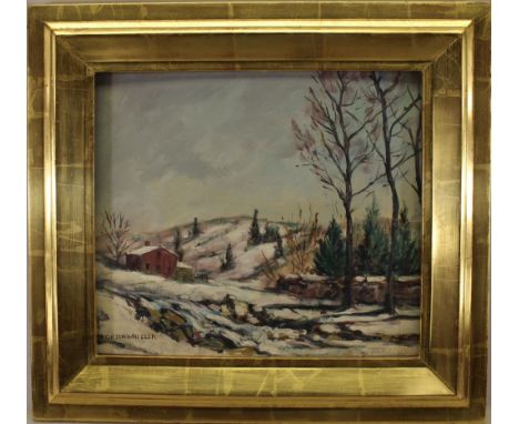 Clifton Wheeler (Indiana, 1883 - 1953) Oil on board painting of a winter landscape. Signed lower left. Label verso. Sight Siz