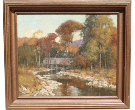 Frederick Mulhaupt (Kansas, New York, Massachusetts, Missouri, 1871 - 1938) Autumnal Painting of a Covered Bridge titled "Old
