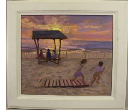 Andrew Macara (B. 1944) Oil on canvas painting of children playing on the beach at sunset. Signed lower right. Christie's lab