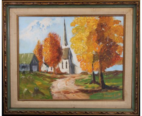 Vintage American School Autumnal Scene, Signed. Signed "Corinne S." lower right. Oil on Board. Sight Size: 23.5 x 29.5 in. Ov