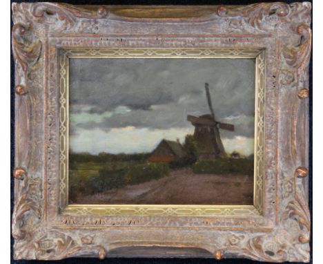 Anton Mauve (Netherlands, Holland, 1838 - 1888) Painting of a windmill in a landscape on an overcast day. Signed lower left. 