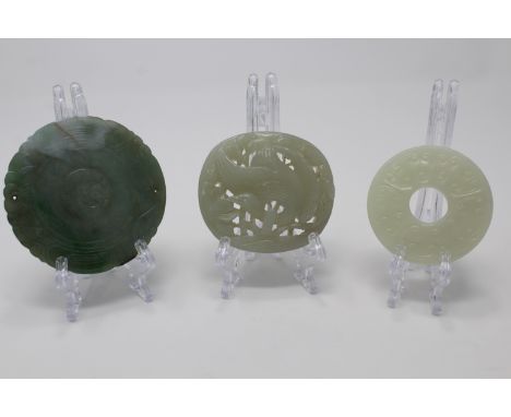(3) Chinese Carved Jade Discs.Largest Diameter: 3 inches.