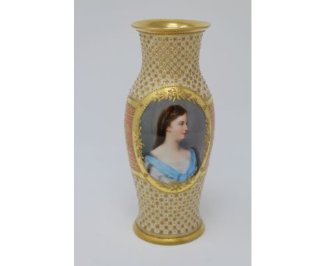 Antique Hand Painted Austrian Portrait Porcelain Vase. Signed on base. Height: 7.25 in.