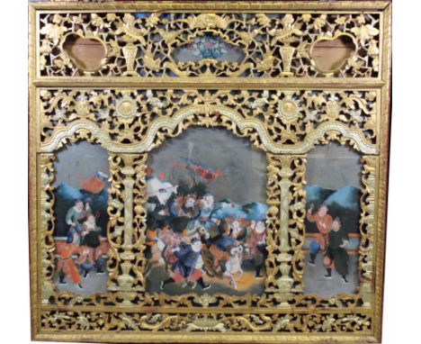 Antique Chinese Reverse Painted Glass Triptych housed in an elaborate gilt carved architectural frame. Central portion of tri