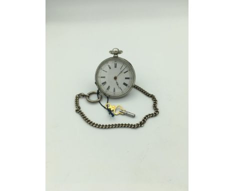 Echappement a Cylindre Open Face, Size 10s, Roman Numerals, Keywind with Key, 12 Inch Metal Chain, Some Creases to Case Back 