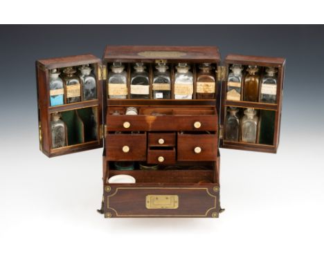 An Inlaid Brass & Mahogany Domestic Medicine Chest, English, c.1800, the cabinet constructed of French polished mahogany with