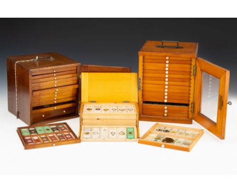 Including 2 cabinets and a slip case of slides, the first cabinet constructed of French polished stained pine with 17 drawers