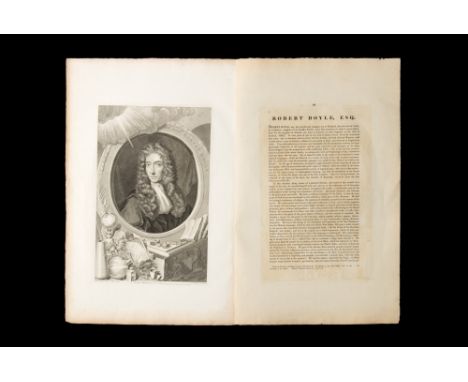 Large Folio Print of Robert Boyle, large period folio print of Robert Boyle with 2 pages of text, the engraving titled at the